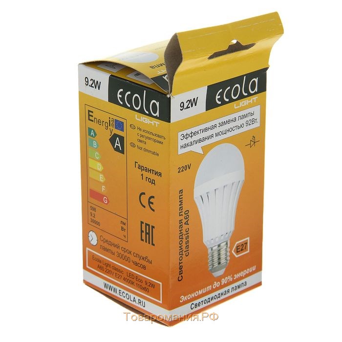 Лампа светодиодная Ecola Light classic, E27, А60, 9.2 Вт, 4000 K, 110x60 мм, матовый