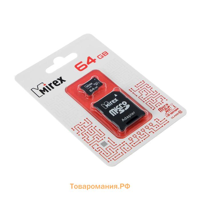 Карта памяти Mirex microSD, 64 Гб, SDXC, UHS-I, класс 10, с адаптером SD