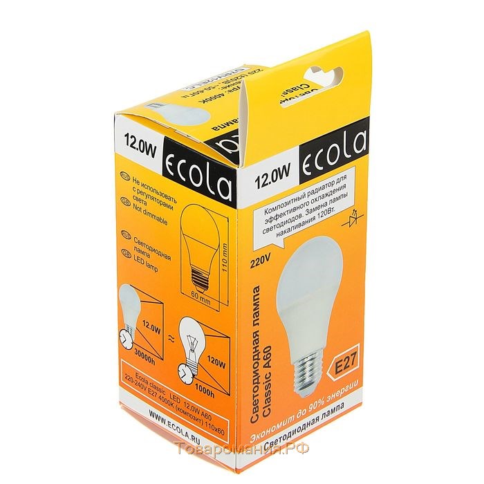 Лампа светодиодная Ecola classic, Е27, А60, 12 Вт, 4000 K, 110x60 мм