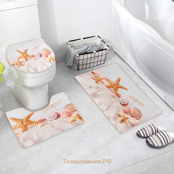 Набор ковриков для ванной и туалета «Ракушки», 3 шт, 38×46, 40×45, 45×75 см