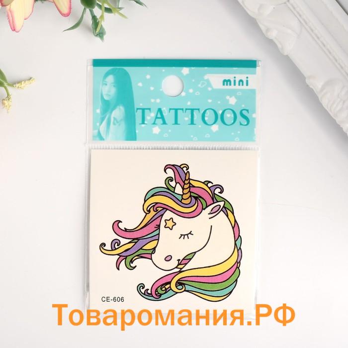 Татуировка на тело цветная "Единорог с радужной гривой" 6х6 см
