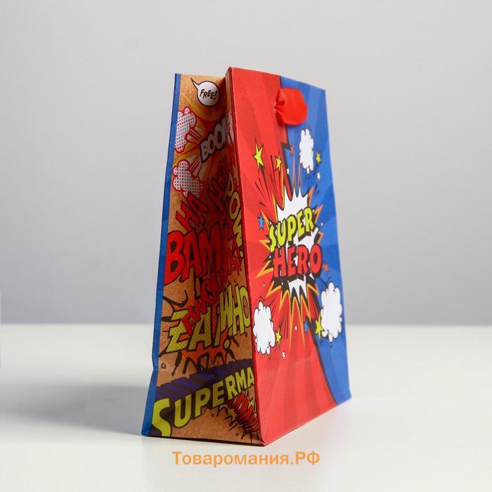Пакет подарочный крафтовый вертикальный, упаковка, «Супер герой», S 12 х 15 х 5.5 см
