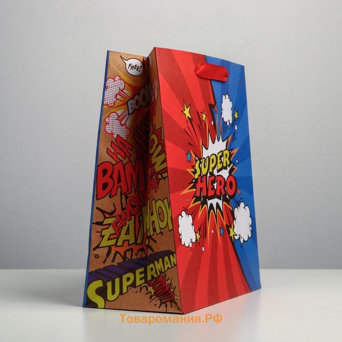 Пакет подарочный крафтовый вертикальный, упаковка, «Супер герой», ML 23 х 27 х 11.5 см