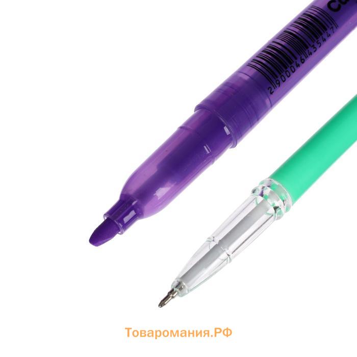 Набор канцелярский 10 предметов (Пенал-тубус 65 х 210 мм, ручки 4 штуки цвет синий , линейка 15 см, точилка, карандаш 2 штуки, текстовыделитель), фиолетовый