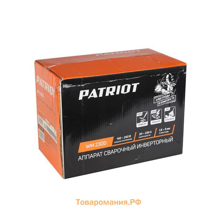 Аппарат сварочный инверторный Patriot WM230D, 220 В, 10.7 кВт, 20-230 А, электроды 1.6-5 мм