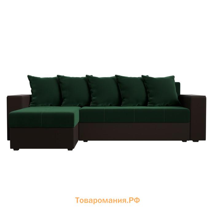 Угловой диван «Дубай лайт», еврокнижка, угол левый, велюр зелёный / экокожа коричневый