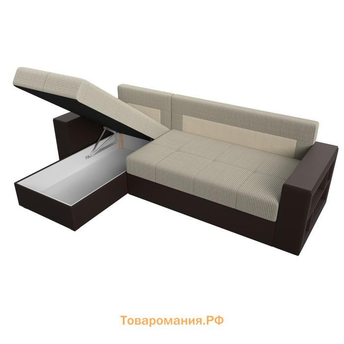 Угловой диван «Дубай лайт», еврокнижка, угол левый, рогожка корфу 02 / экокожа коричневый