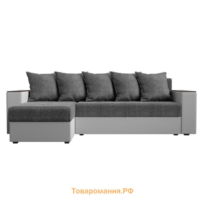 Угловой диван «Дубай лайт», еврокнижка, угол левый, цвет рогожка серый / экокожа белый
