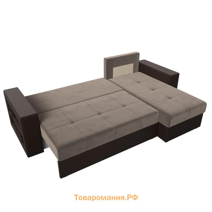 Угловой диван «Дубай лайт», еврокнижка, угол правый, велюр коричневый / экокожа коричневый