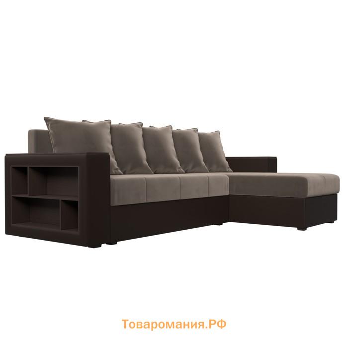 Угловой диван «Дубай лайт», еврокнижка, угол правый, велюр коричневый / экокожа коричневый
