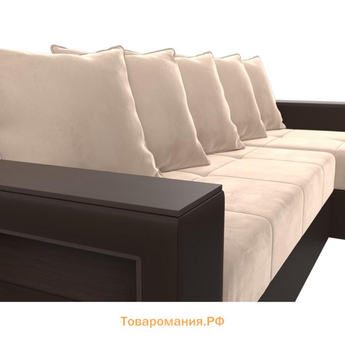 Угловой диван «Дубай лайт», еврокнижка, угол правый, велюр бежевый / экокожа коричневый